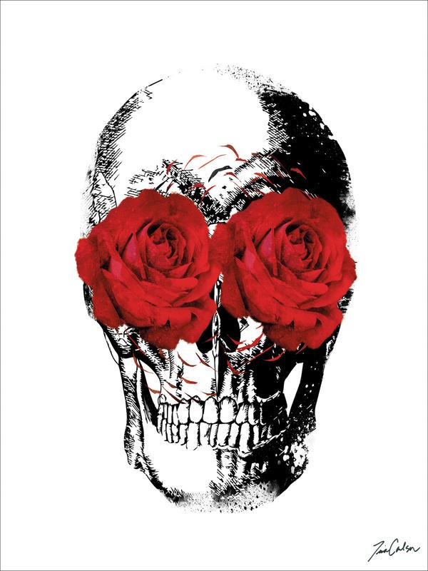 Tina Carlson, FLOWER SKULL I (Skull, Totenkopf, rote Rosen, Blumen, Blüten, Jung und Wild, Grafik, Wunschgröße, Wohnzimmer, Treppenhaus, Jugendzimmer, schwarz/weiß, rot)