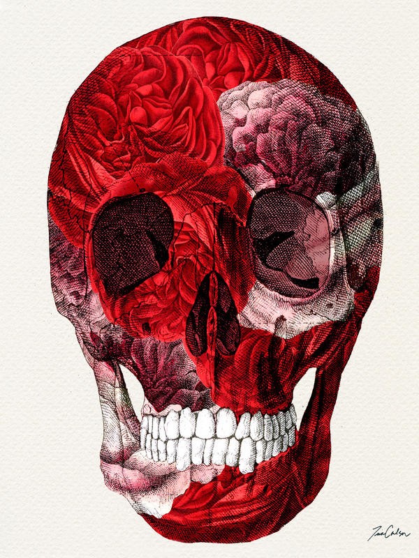 Tina Carlson, SKULL WITH PATTERN II (Skull, Totenkopf, florale Muster, Rosenmuster, Jung und Wild, Grafik, Wunschgröße, Wohnzimmer, Treppenhaus, Jugendzimmer,schwarz/weiß, rot)