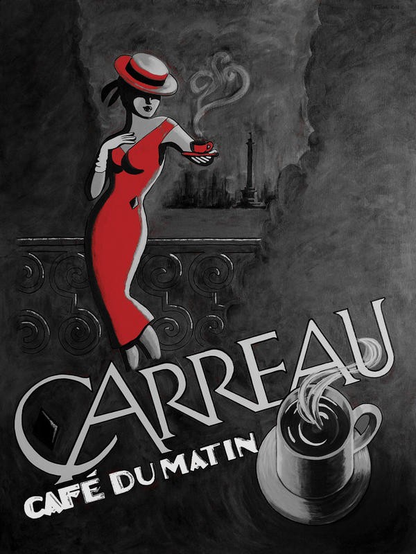 Thom Reaves, CAFE DU MATIN (Café, Kaffee, Morgenkaffee, Frau, Eleganz, Plakatkunst, Werbung, Retro, Vintage, Nostalgie, Wunschgröße, Grafik, Küche, Esszimmer, Bar, Gastronomie, Bistro, schwarz/weiß/rot)