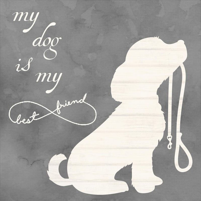 Taylor Greene, LOVE MY DOG II (Hund, Hundeleine, Silhouette, Tierliebe, Freundschaft, Lebensphilosophie, Grafik, Wunschgröße, Treppenhaus, Wohnzimmer, grau/weiß)