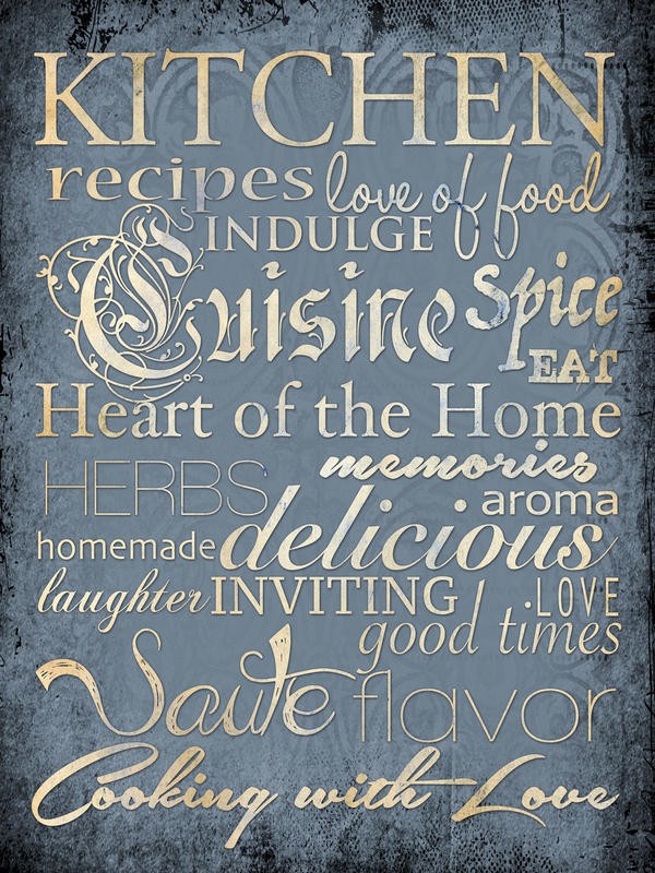 Victoria Brown, COOKING WITH LOVE I (Schild, Küchenschild, Kochen, Nostalgie, Grafik, Küche, Esszimmer, Bistro, Gastronomie, Typografien, Wunschgröße, blau/weiß)
