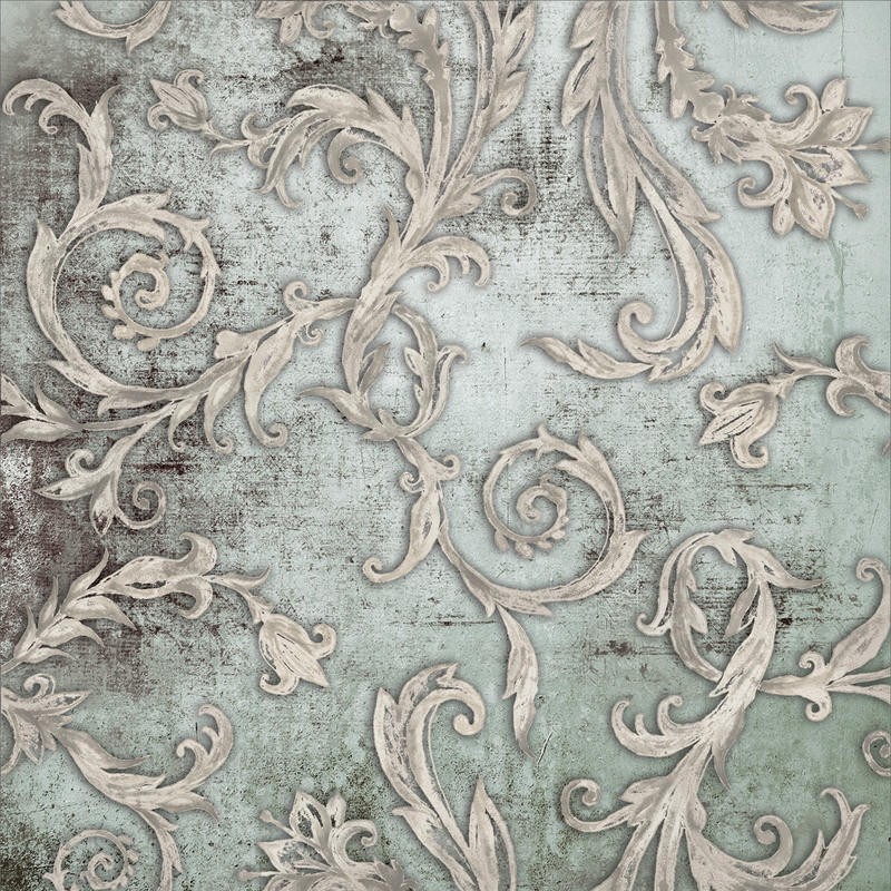 Victoria Brown, VINTAGE FLOURISH II (Muster, Schnörkel, Tapetenmuster, Arabesken, floral, Vintage, Grafik, Schlafzimmer,Treppenhaus,  Wunschgröße, silber)
