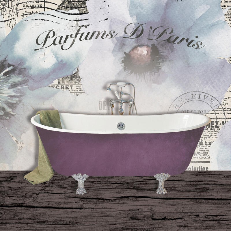 Victoria Brown, EXQUISITE BATH I (Badewanne, Nostalgie, französisch, Kalligrafie, Parfum, Vintage, Grafik, Badezimmer,Treppenhaus,  Wunschgröße, bunt)