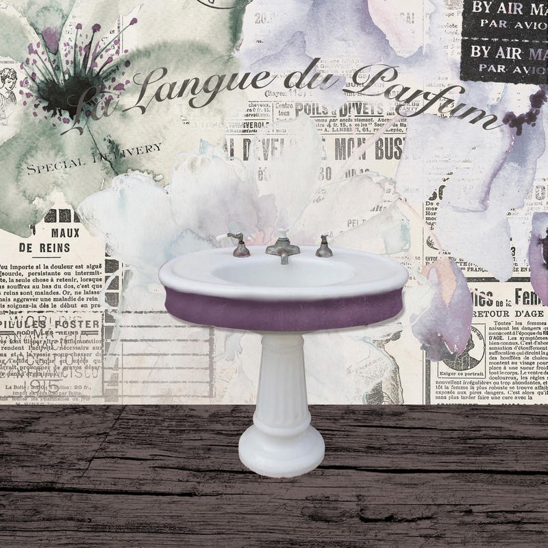 Victoria Brown, EXQUISITE BATH II (Waschbecken, Nostalgie, französisch, Kalligrafie, Parfum, Vintage, Collage, Zeitungsartikel,Grafik, Badezimmer,Treppenhaus,  Wunschgröße, bunt)