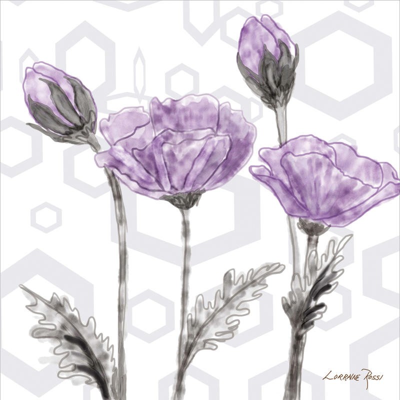 Rossi Lorraine, PURPLE POPPY II (Mohnblumen, Blumen, Blüten, transparent, zart, Ornamente, Retro, Muster, Grafik, Wunschgröße, Wohnzimmer, Treppenhaus, Schlafzimmer, flieder)