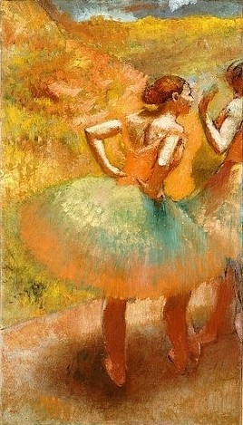 Edgar Degas, Zwei Tänzerinnen im grünen Rock (Deux Danseuses en Jupes Vertes). 1895 (19. Jahrhundert,Öl auf Leinwand,Christie's Images Ltd,1834-1917,Degas,Edgar,edgar,degas,tänzerinnen,ballett,balletttänzerinnen,ballerina,tutu,rock,zwei,Impressionismus, französischer impressionismus,französisch,impressionistisch)