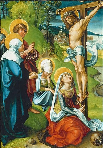 Albrecht Dürer, Altar: Die sieben Schmerzen der Mariae. Tafel oben links. Detail: Mittige Tafel der rechten Seite. 1495/96 (Kreuzigung, Kreuz, Beweinung,  Maria, Maria Magdalena, Landschaft, Schmerzen, Altarbild, Detail, Jesus, religiös, Neues Testament, Klassiker, Malerei, Wohnzimmer, Renaissance, Wunschgröße, bunt)