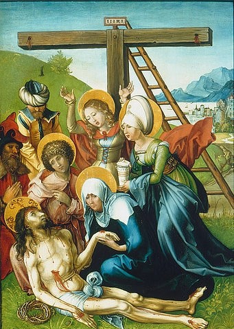 Albrecht Dürer, Tafel oben rechts des Altars 'Die sieben Schmerzen der Mariae' mit der Beweinung Christi. 1495/96 (Kreuz, Kreuzabnahme, Golgatha, Beweinung, Trauer, Maria, Schmerzen, Altarbild, Detail, Jesus, religiös, Neues Testament, Klassiker, Malerei, Wohnzimmer, Renaissance, Wunschgröße, bunt)
