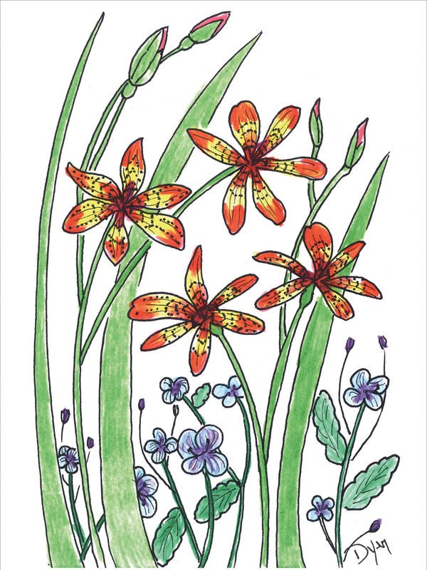 Beverly Dyer, FLOWER MIX I (Blüten, Blumen, Blumenmix, Grafik, fröhlich, Wohnzimmer, Treppenhaus, Malerei, Wunschgröße, bunt)