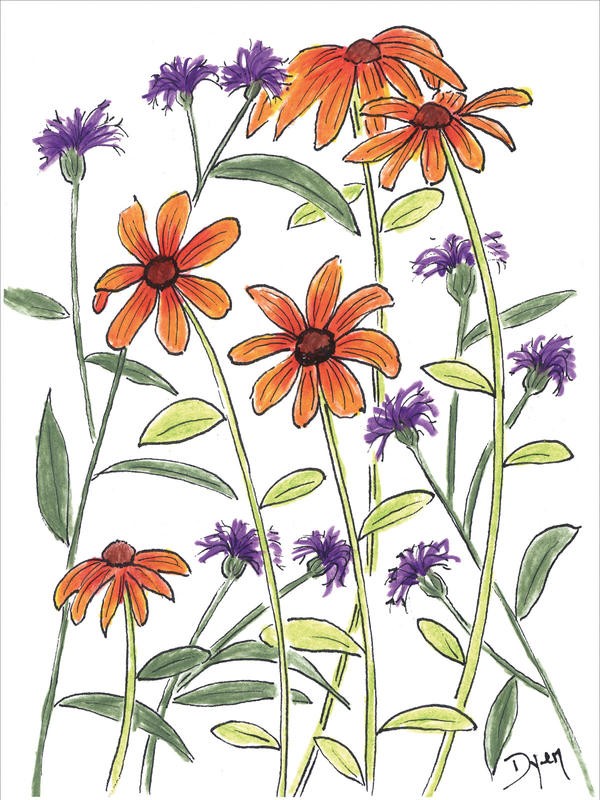 Beverly Dyer, FLOWER MIX V (Blüten, Blumen, Blumenmix, Grafik, Wohnzimmer, Treppenhaus, Malerei, Wunschgröße, bunt)