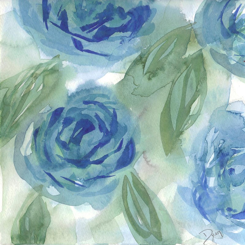 Beverly Dyer, BLUE GREEN ROSES I (Rosen, Blume, Blüten, Aquarell, Schlafzimmer, Wohnzimmer, Treppenhaus, Malerei, Wunschgröße, blau)