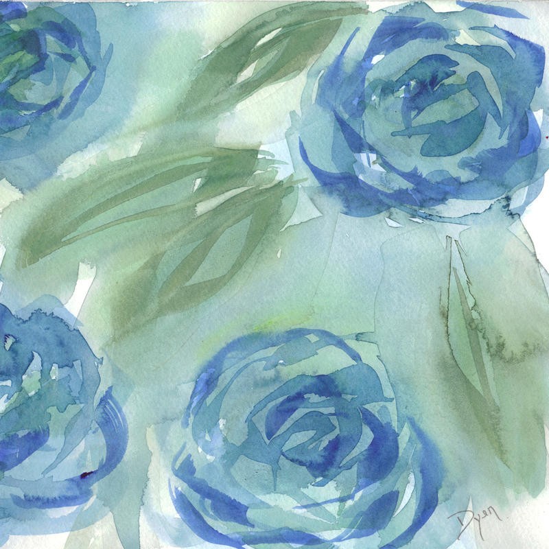 Beverly Dyer, BLUE GREEN ROSES II (Rosen, Blume, Blüten, Aquarell, Schlafzimmer, Wohnzimmer, Treppenhaus, Malerei, Wunschgröße, blau)