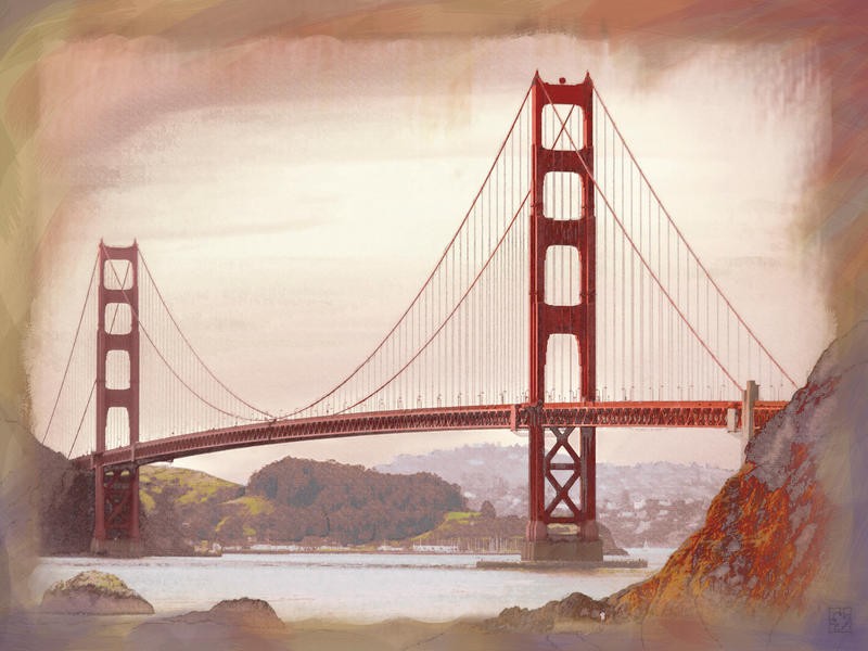 Jeffery Cadwallader, SF GOLDEN GATE BRIDGE (Landschaft, Brücke, Hängebrücke, San Francisco, Wohnzimmer, Treppenhaus, modern, Grafik, Wunschgröße, bunt)