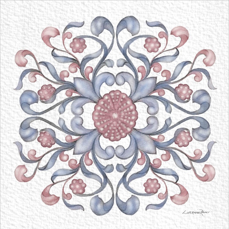 Rossi Lorraine, FLORENTINE SCROLL II (floral, zart, feingliedrig, Ornament, Schnörkel, dekorativ Muster, Grafik, Wunschgröße, Wohnzimmer, Treppenhaus, Schlafzimmer, rosa/grau)