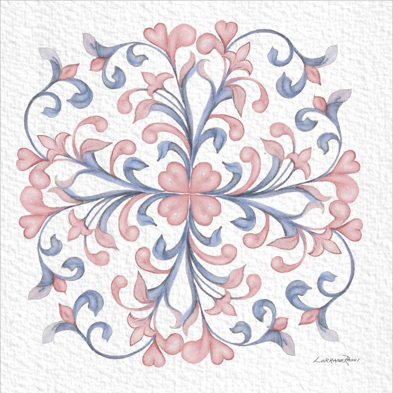 Rossi Lorraine, FLORENTINE SCROLL III (floral, zart, feingliedrig, Ornament, Schnörkel, dekorativ Muster, Grafik, Wunschgröße, Wohnzimmer, Treppenhaus, Schlafzimmer, rosa/grau)