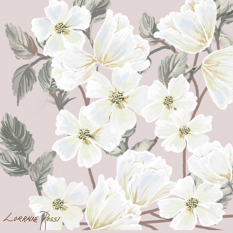 Rossi Lorraine, WHITE FLOWERS ON NUDE II (Blumen, Blütenzweige, Blumen, Blüten, üppig, zart, Grafik, Wunschgröße, Wohnzimmer, Treppenhaus, Schlafzimmer, weiß)