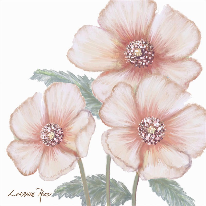 Rossi Lorraine, PINK POPPIES I (Mohnblumen, Blumen, Blüten, transparent, zart, Ornamente, Retro, Muster, Grafik, Wunschgröße, Wohnzimmer, Treppenhaus, Schlafzimmer, rosa)