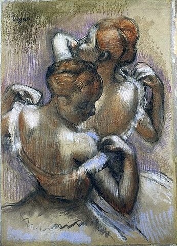 Edgar Degas, Zwei Tänzerinnen des Ensembles richten ihre Schulterträger. (Deux Danseuses à Mi-Corps, ajustant Leurs Epaulettes.) Um 1897 (Degas,Edgar,1834-1917,Christie's Images Ltd,Pastell/Papier,auf Pappe aufgezogen,19. Jahrhundert,edgar,degas,tänzerinnen,ballerina,tänzerin,mädchen,frauen,pastell,kleidung,kleid,schulter,ankleiden,anziehen, französischer impressionismus,französisch,impress)