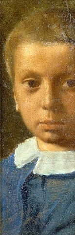 Edgar Degas, Das Kind in Blau (L'Enfant en Bleu). Um 1853/54 (Das Bild zeigt den jüngeren Bruder des Künstlers René Degas (1845-1926) und ist das früheste bekannte Porträt von ihm.) (Öl/Papier auf Pappe,Portrait,19. Jahrhundert,Degas,Edgar,1834-1917,Christie's Images Ltd,edgar,degas,rené,porträt,junge,kind,vertikal,bruder,blau,angeschnitten,kinderbildnis, französischer impressionismus,französisch,impressionistisch)