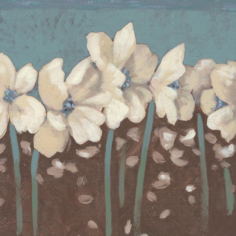 Sarah Anderson, WHITE FLOWERS I (Blumen, weiße Blüten, dekorativ,  zeitgenössisch, Malerei,  Wohnzimmer, Treppenhaus,  Wunschgröße, blass/bunt)