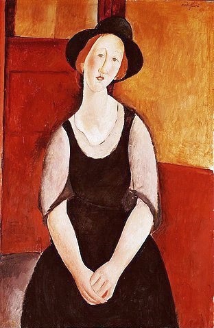 Amadeo Modigliani, Bildnis der Thora Klinckowstrom. 1919 (Portrait,20. Jahrhundert,Modigliani,Amadeo,1884-1920,Christie's Images Ltd,modigliani,amadeo modigliani,frau,porträt,bildnis,Thora Klinckowstrom,schwarzes kleid,hut,rotbraun,geneigter Kopf)