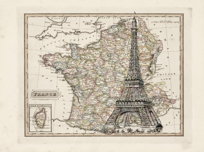 Tina Carlson, EIFFEL TOWER MAP (Geografische Karte, Landkarte, Frankreich, Retro, Vintage, Eiffelturm,  historisch, Grafik, Wunschgröße, Wohnzimmer, Treppenhaus, bunt)