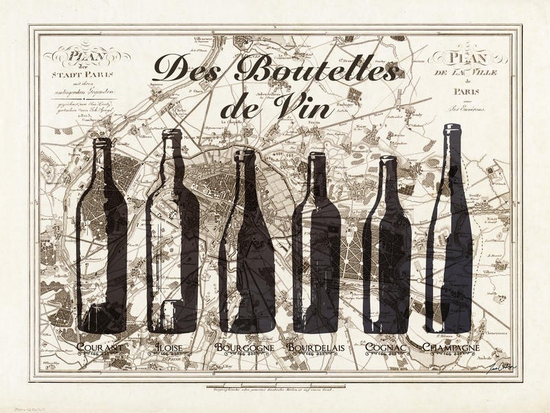Tina Carlson, PARIS WINE BOTTLES (Geografische Karte, Stadtplan, Paris, Retro, Vintage, Möbel, Tisch, Sessel,  historisch, Grafik, Wunschgröße, Wohnzimmer, Küche, Esszimmer, Bistro, Gastronomie, Treppenhaus, grau/sepia)