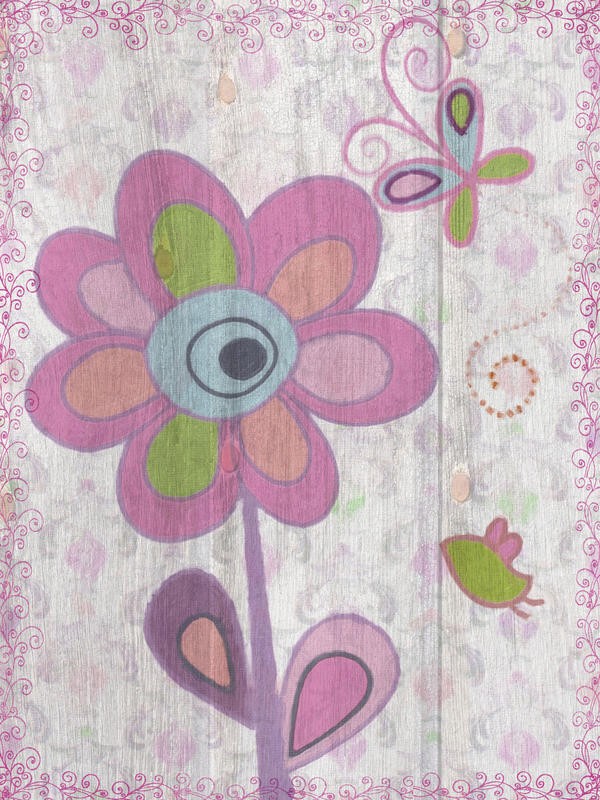 Taylor Greene, PURPLE MIX I (Blume, floral, verspielt, naive Malerei, Schmetterling, Muster, Wunschgröße, Grafik, Paneele, Kinderzimmer, Treppenhaus)