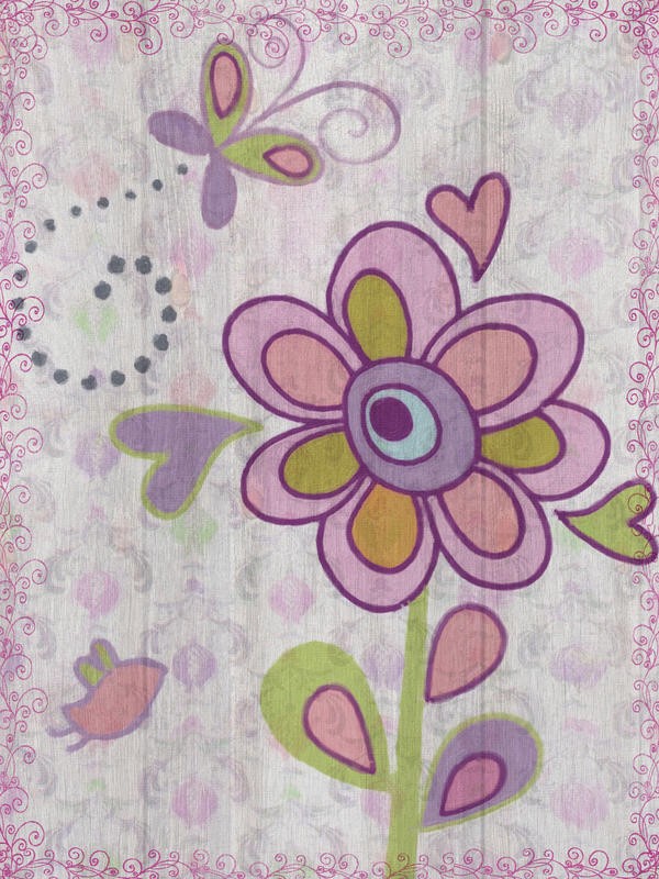 Taylor Greene, PURPLE MIX II (Blume, floral, verspielt, naive Malerei, Schmetterling, Muster, Wunschgröße, Grafik, Paneele, Kinderzimmer, Treppenhaus)