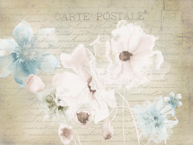 Victoria Brown, CARTE POSTALE BEIGE I (Blumen, Blüten, Postkarte, Botanik, Treppenhaus, Schlafzimmer, Wohnzimmer, Wunschgröße, Malerei, Aquarell, bunt)