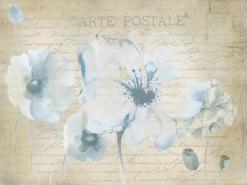 Victoria Brown, CARTE POSTALE BEIGE II (Blumen, Blüten, Postkarte, Botanik, Treppenhaus, Schlafzimmer, Wohnzimmer, Wunschgröße, Malerei, Aquarell, bunt)