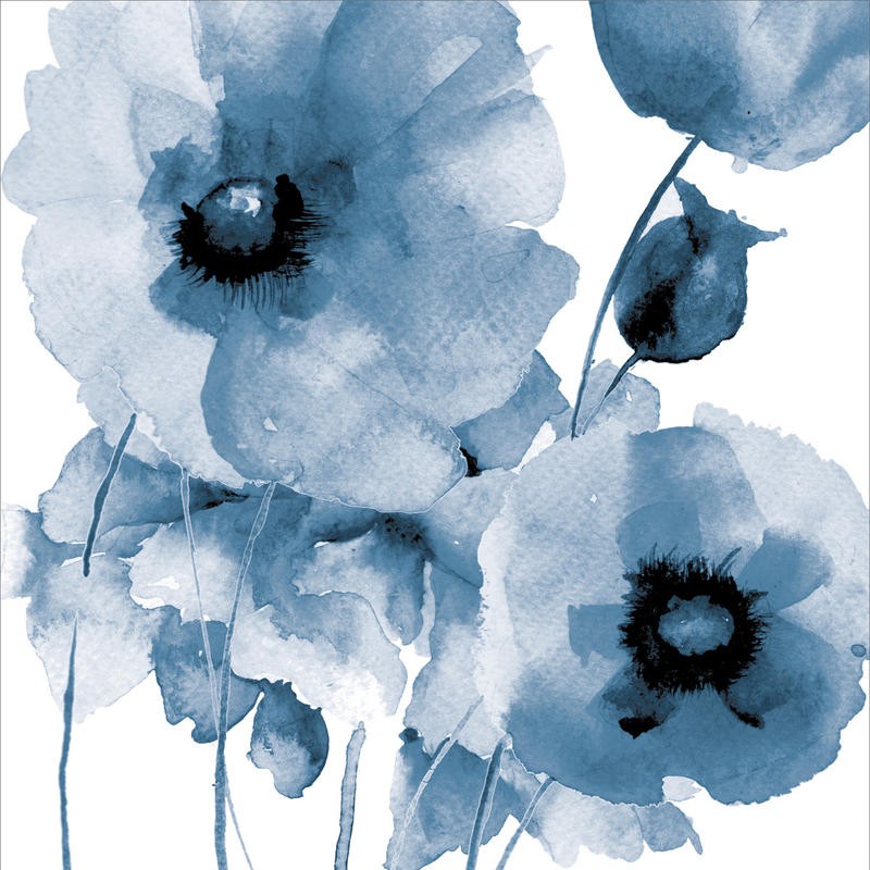 Victoria Brown, FLOWING FLOWERS I (Blumen, Blüten, Mohnblüten, Mohn, Botanik, Treppenhaus, Schlafzimmer, Wohnzimmer, Wunschgröße, Malerei, Aquarell, grau/blau/weiß)