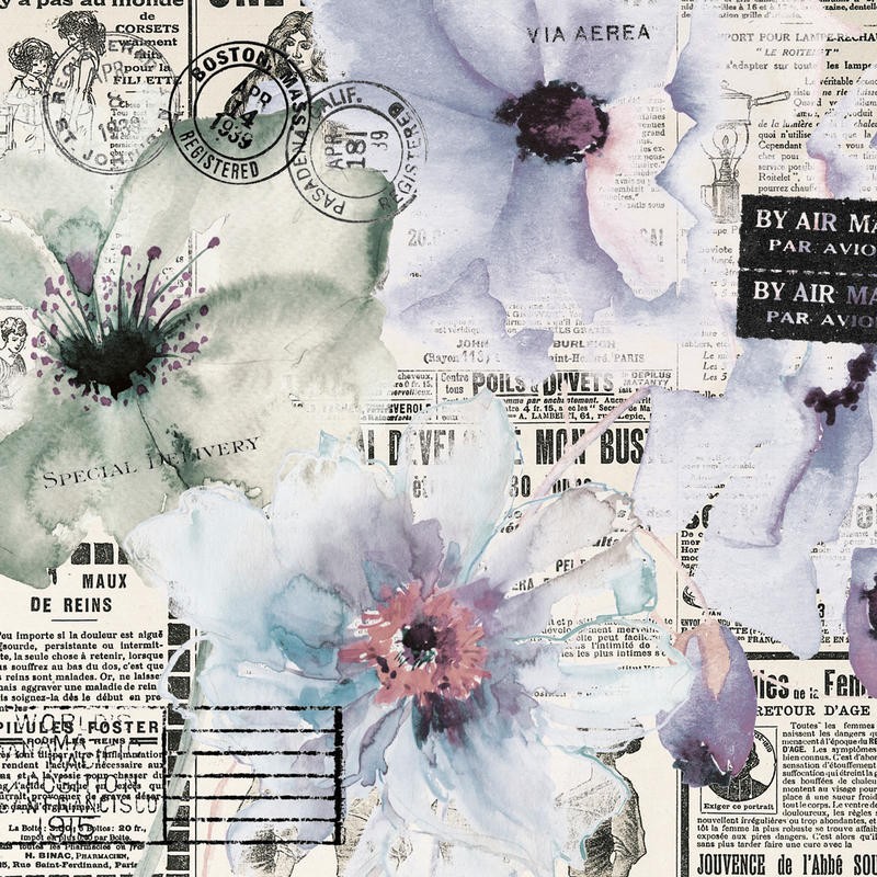 Victoria Brown, FLOWERS IN BLUE I (Blumen, Blüten, Zeitungsartikel, Collage, modern, Grafik, Treppenhaus, Schlafzimmer, Wohnzimmer, Wunschgröße, Malerei, Aquarell, bunt)
