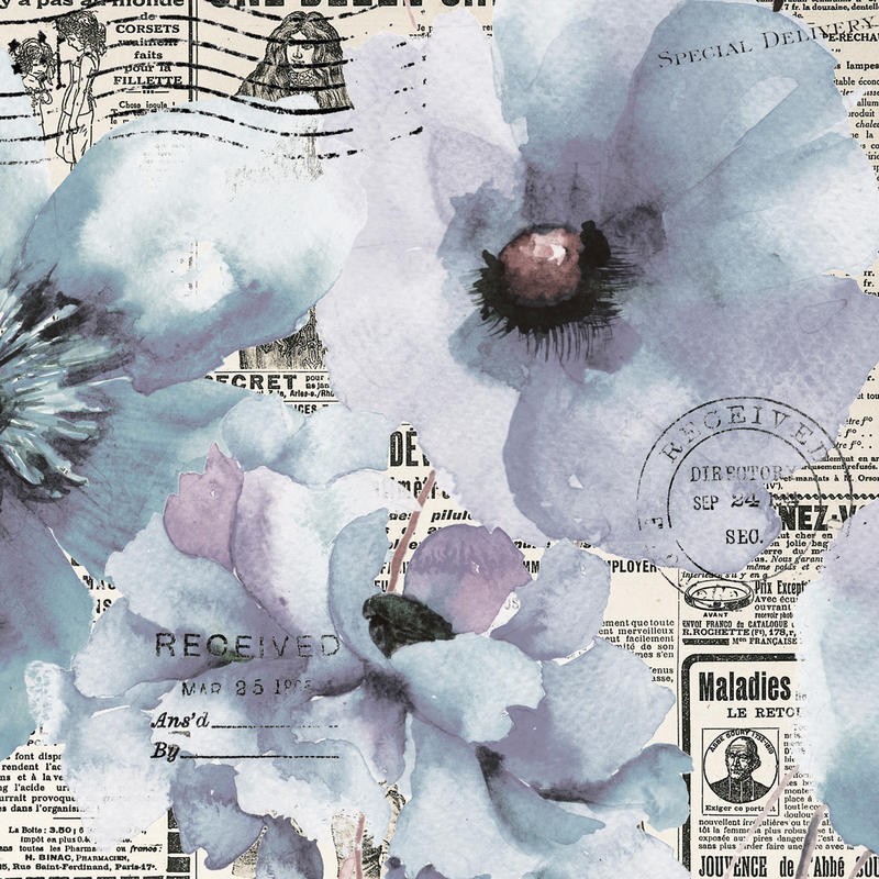 Victoria Brown, FLOWERS IN BLUE II (Blumen, Blüten, Zeitungsartikel, Collage, modern, Grafik, Treppenhaus, Schlafzimmer, Wohnzimmer, Wunschgröße, Malerei, Aquarell, bunt)