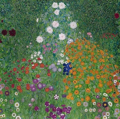 Gustav Klimt, Bauerngarten. 1905-07 (Klassische Moderne, Jugendstil, Blumen, Blüten, Blumenpracht, üppig, Frühling, Wohnzimmer, Treppenhaus,  Malerei, Wunschgröße, bunt)
