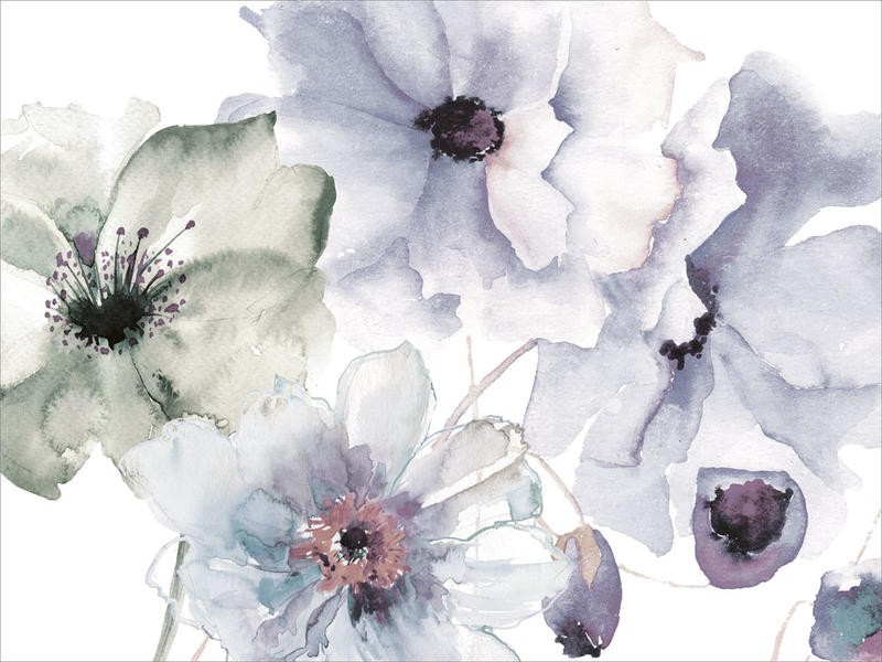 Victoria Brown, FLOWERING BLUE II (Blumen, Blüten, Blütenblätter, Botanik, Treppenhaus, Schlafzimmer, Wohnzimmer, Wunschgröße, Malerei, Aquarell, bunt)
