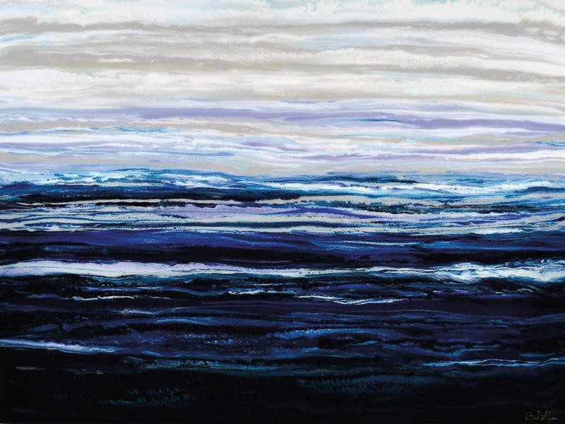 Barbara Bilotta, BEYOND SERENITY I (Abstrakte Kunst, Wellen, Meer, Ozean, Bewegung, Wasser, Horizont, Wunschgröße, Treppenhaus, Wohnzimmer, Büro, Arztpraxis, modern, zeitgenössische Malerei, blau/weiß)