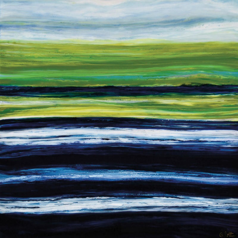Barbara Bilotta, EMERALD HORIZON I (Abstrakte Kunst, Wellen, Meer, Ozean, Bewegung, Wasser, Horizont, Wunschgröße, Treppenhaus, Wohnzimmer, Büro, Arztpraxis, modern, zeitgenössische Malerei, blau/grün/weiß)