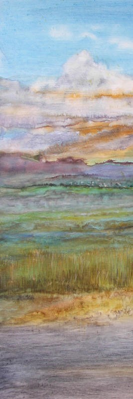 Peter Laughton, ON A HILL I (Landschaft, abstrakte Malerei,  Aquarell, Horizont, Wohnzimmer, Büro, Treppenhaus, Wunschgröße, bunt)