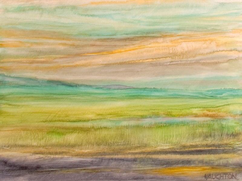 Peter Laughton, BEYOND IMAGINATION IV (Landschaft, abstrakte Malerei,  Aquarell, Horizont, Wohnzimmer, Büro, Treppenhaus, Wunschgröße, bunt)