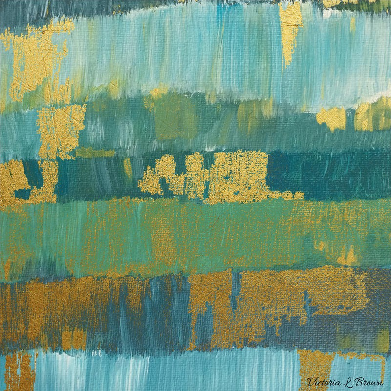 Victoria Brown, ABSTRACT BLUES I (Abstrakte Malerei, Farbstreifen, geometrische Muster, modern, zeitgenössisch, Wohnzimmer, Treppenhaus, Wunschgröße, blau/bunt)