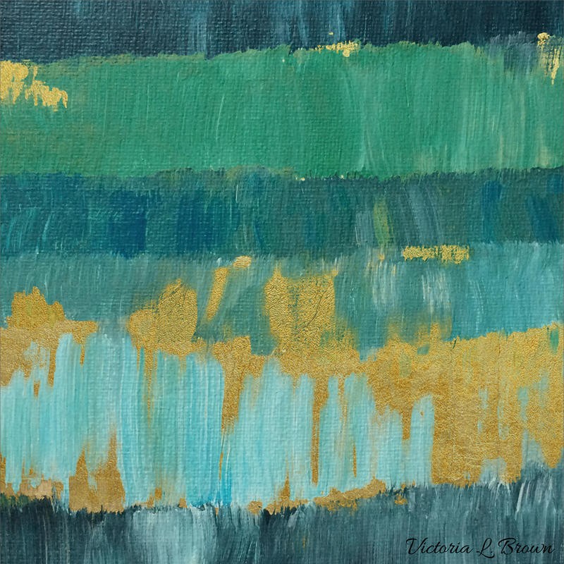 Victoria Brown, ABSTRACT BLUES II (Abstrakte Malerei, Farbstreifen, geometrische Muster, modern, zeitgenössisch, Wohnzimmer, Treppenhaus, Wunschgröße, blau/bunt)