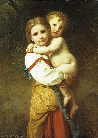 William Adolphe Bouguereau, Die große Schwester. 1865 (Bouguereau,William Adolphe,1825-1905,Christie's Images Ltd,Öl auf Leinwand,19. Jahrhundert,William-Adolphe Bouguereau,Kind,Kinder,Baby,Kleinkind,Schwester,Geschwister,auf dem Arm halten,Zuneigung,Nähe,umarmen,Junge,Geschwisterliebe)