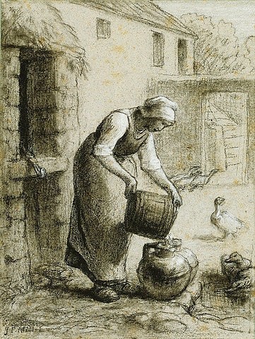 Jean-François Millet, Eine Frau gießt Wasser in Milchkannen (auch bekannt als Frau am Brunnen). Um 1854-57 (Bauernhof, Magd, Bottich, Wasserkrüge, gießen, Bauerngenre, Realismus,  Wohnzimmer, Esszimmer, Treppenhaus, Klassiker, Zeichnung, Studie,  Wunschgröße, schwarz/weiß)