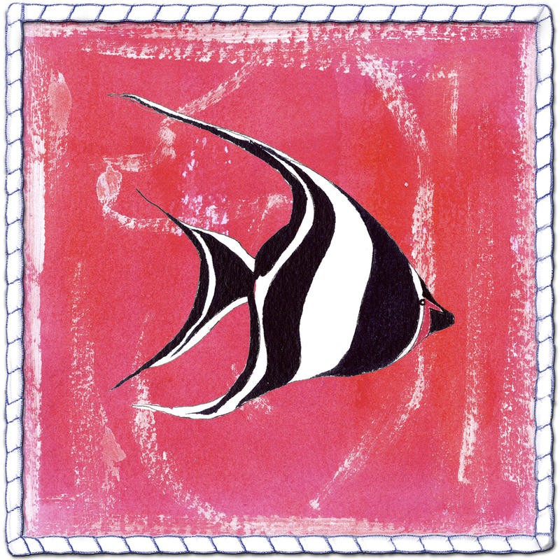 Anne Ormsby, BEACH FRONT ANGEL FISH (Fisch, exotisch, Luftblasen, naiv, Malerei, Wunschgröße, Wohnzimmer, Treppenhaus, Badezimmr, bunt)