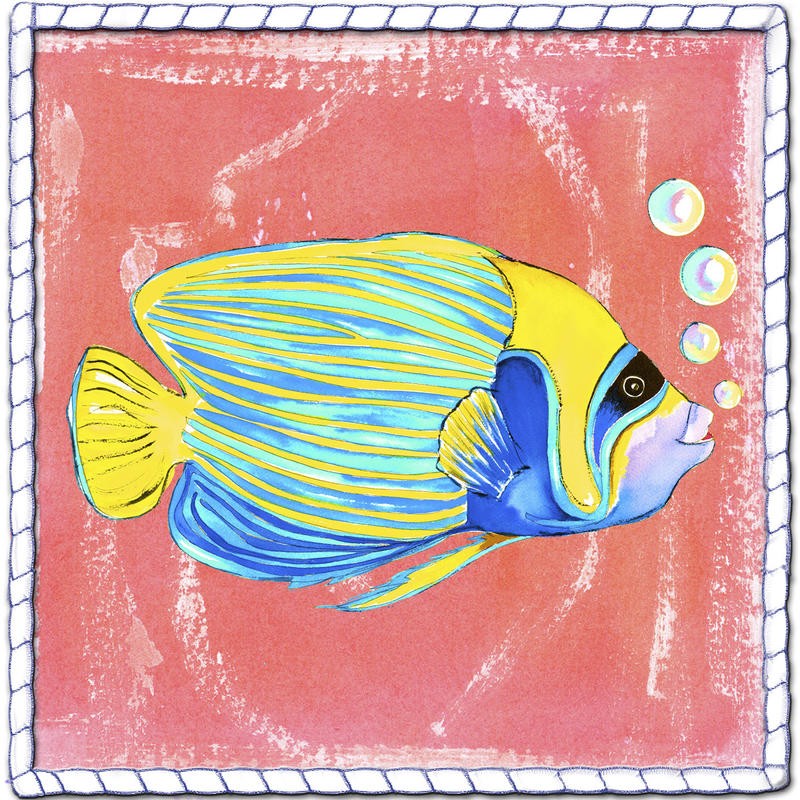 Anne Ormsby, BEACH FRONT FISH (Fisch, Korallenfisch, exotisch, Luftblasen, naiv, Malerei, Wunschgröße, Wohnzimmer, Treppenhaus, Badezimmr, bunt)