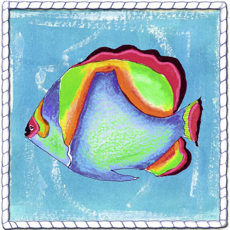 Anne Ormsby, BEACH FRONT BUTTERFLY FISH (Fisch, Korallenfisch, exotisch, Schmetterlinfsfisch, naiv, Malerei, Wunschgröße, Wohnzimmer, Treppenhaus, Badezimmr, bunt)