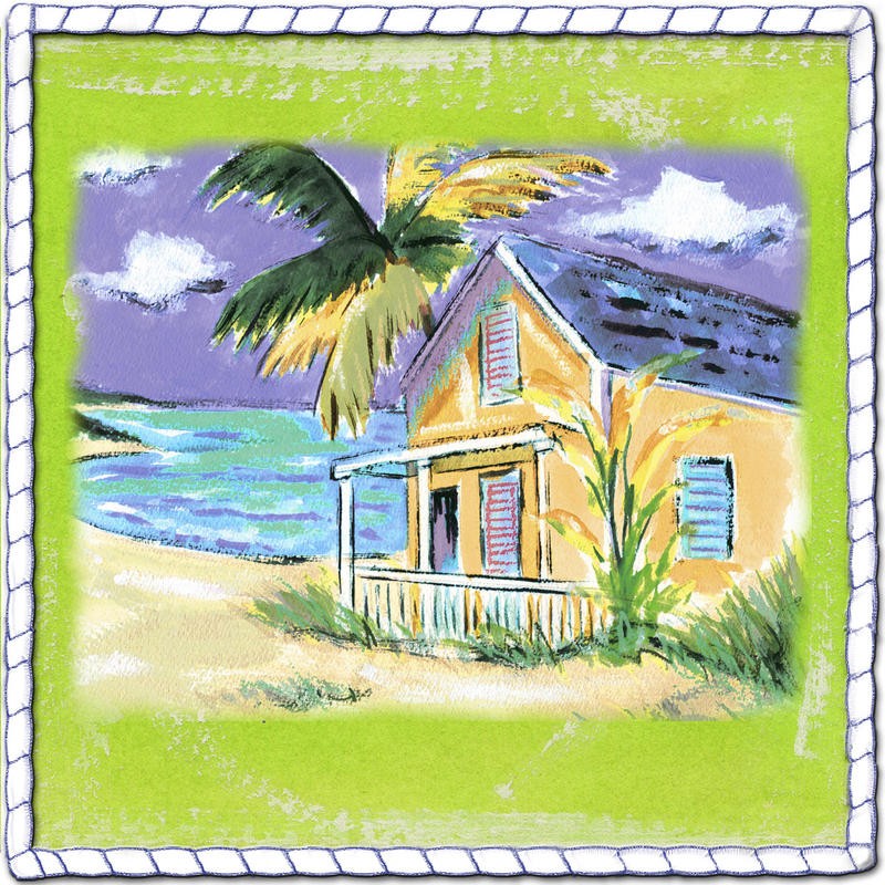 Anne Ormsby, BEACH FRONT COTTAGE (Meeresbrise, Meer, Strand, Sandstrand, Strandhaus, Palme, maritim, Malerei, Wunschgröße, Wohnzimmer, Treppenhaus, bunt)