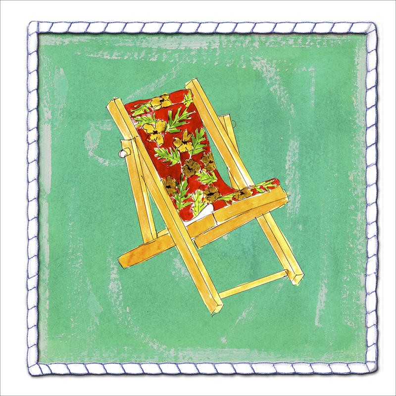 Anne Ormsby, BEACH CHAIR (Liegestuhl, Strandstuhl, Urlaub, Meeresbrise, maritim, Malerei, Wunschgröße, Wohnzimmer, Treppenhaus, bunt)