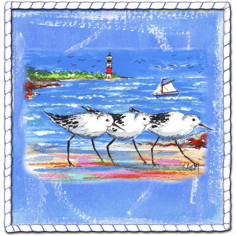 Anne Ormsby, BEACH FRONT SHORE BIRDS (Meeresbrise, Meer, Strand, Strandläufer, Vögel, Seevögel, Leuchtturm, maritim, Malerei, Wunschgröße, Wohnzimmer, Treppenhaus, bunt)